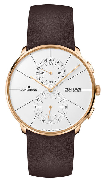 Junghans Meister fein Chronoscope MEGA Solar Chronograph Rose Gold PVD White Dial Brown Leather Strap Date Mens Watch 59/7201.00 - Watches & Beyond