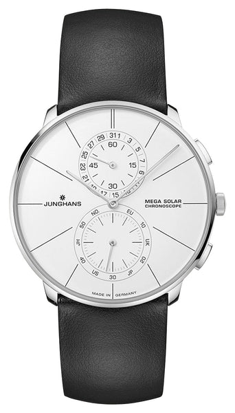 Junghans Meister fein Chronoscope MEGA Solar Chronograph Stainless Steel White Dial Black Leather Strap Date Mens Watch 59/4200.00 - Watches & Beyond