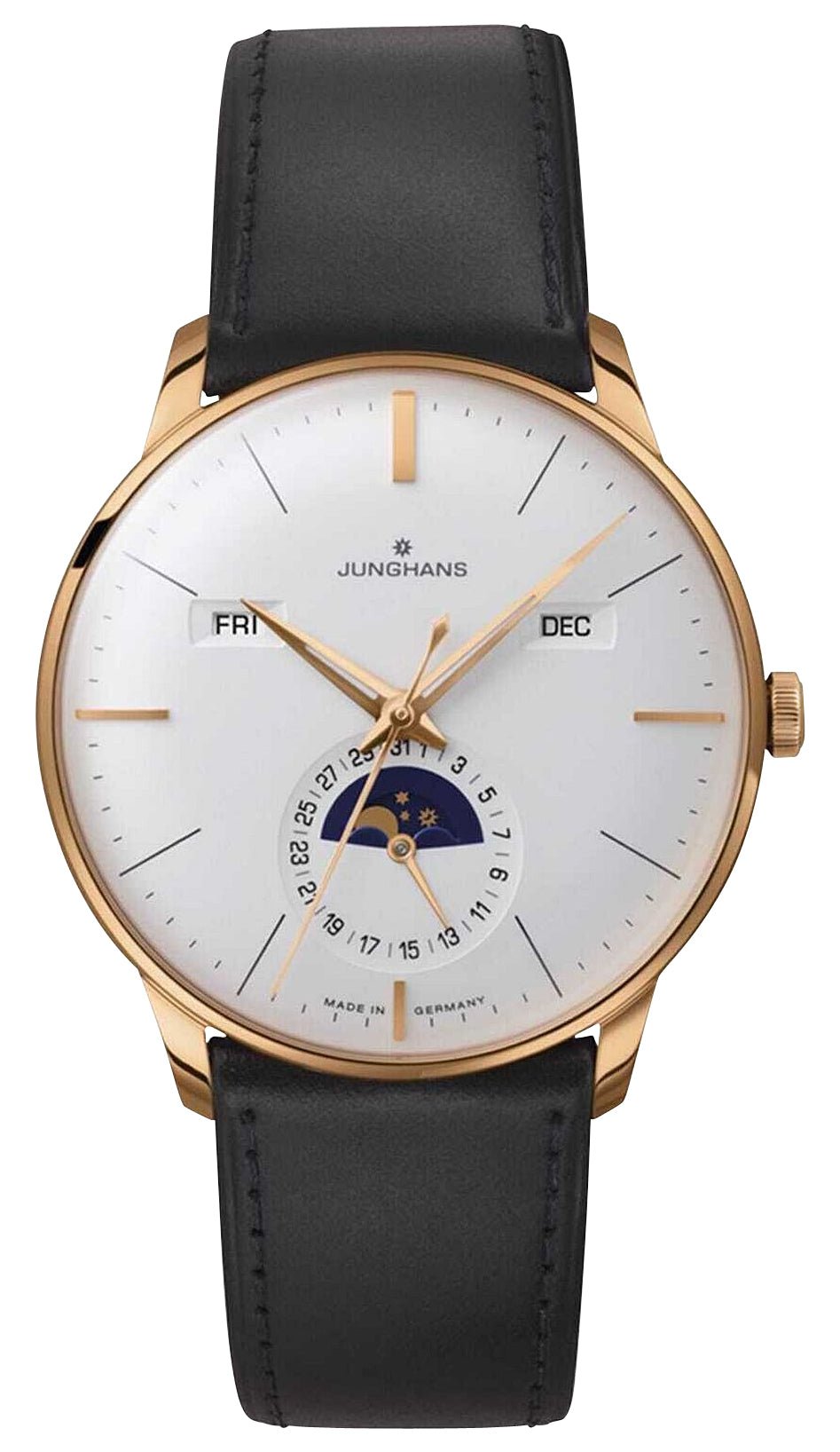 Junghans Meister Kalender Datum Englisch Automatic Rose Gold PVD Silver Dial Black Leather Strap Day/Date Month Moonphase Mens Watch 27/7003.03 - Watches & Beyond