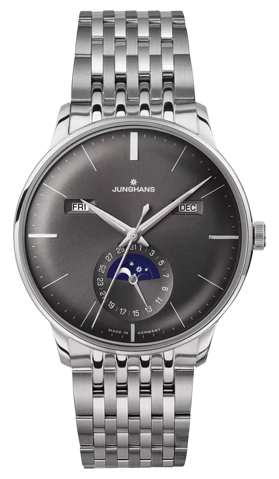 Junghans Meister Kalender Datum Englisch Automatic Stainless Steel Gray Dial Day/Date Month Moonphase Mens Watch 27/4505.47 - Watches & Beyond