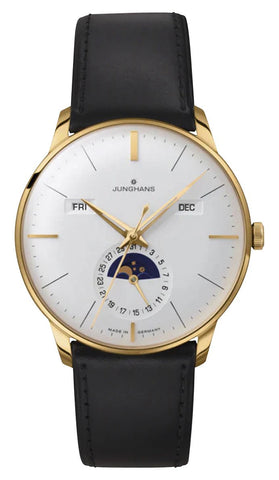 Junghans Meister Kalender Datum Englisch Automatic Yellow Gold PVD Silver Dial Black Leather Strap Day/Date Month Moonphase Mens Watch 27/7202.03 - Watches & Beyond