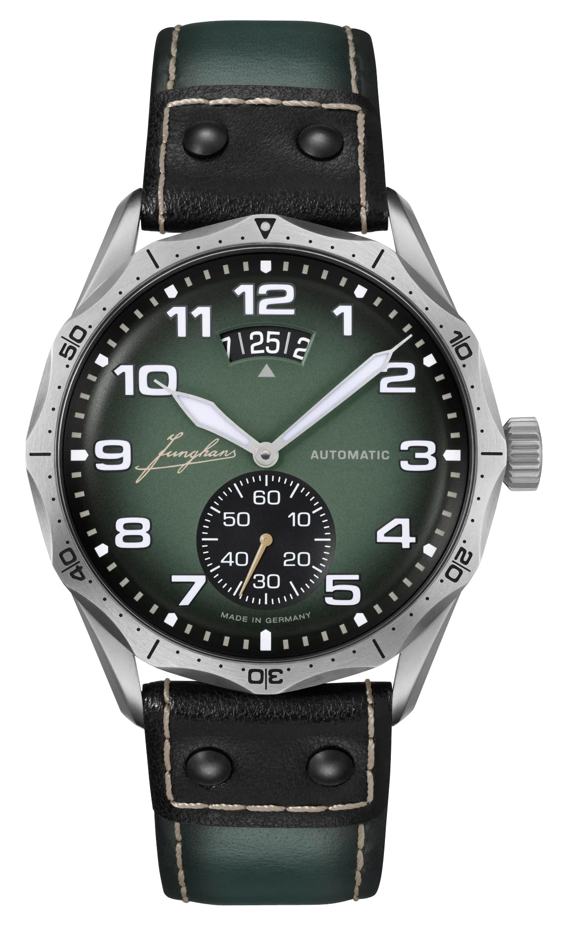 Junghans Pilot Automatic Stainless Steel Green Dial Green Leather Strap Date Mens Watch 27/4495.00 - Watches & Beyond