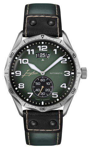 Junghans Pilot Automatic Stainless Steel Green Dial Green Leather Strap Date Mens Watch 27/4495.00 - Watches & Beyond
