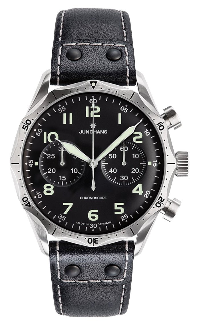 Junghans Pilot Chronoscope Automatic Chronograph Stainless Steel Black Dial Black Leather Strap Mens Watch 27/3590.00 - Watches & Beyond