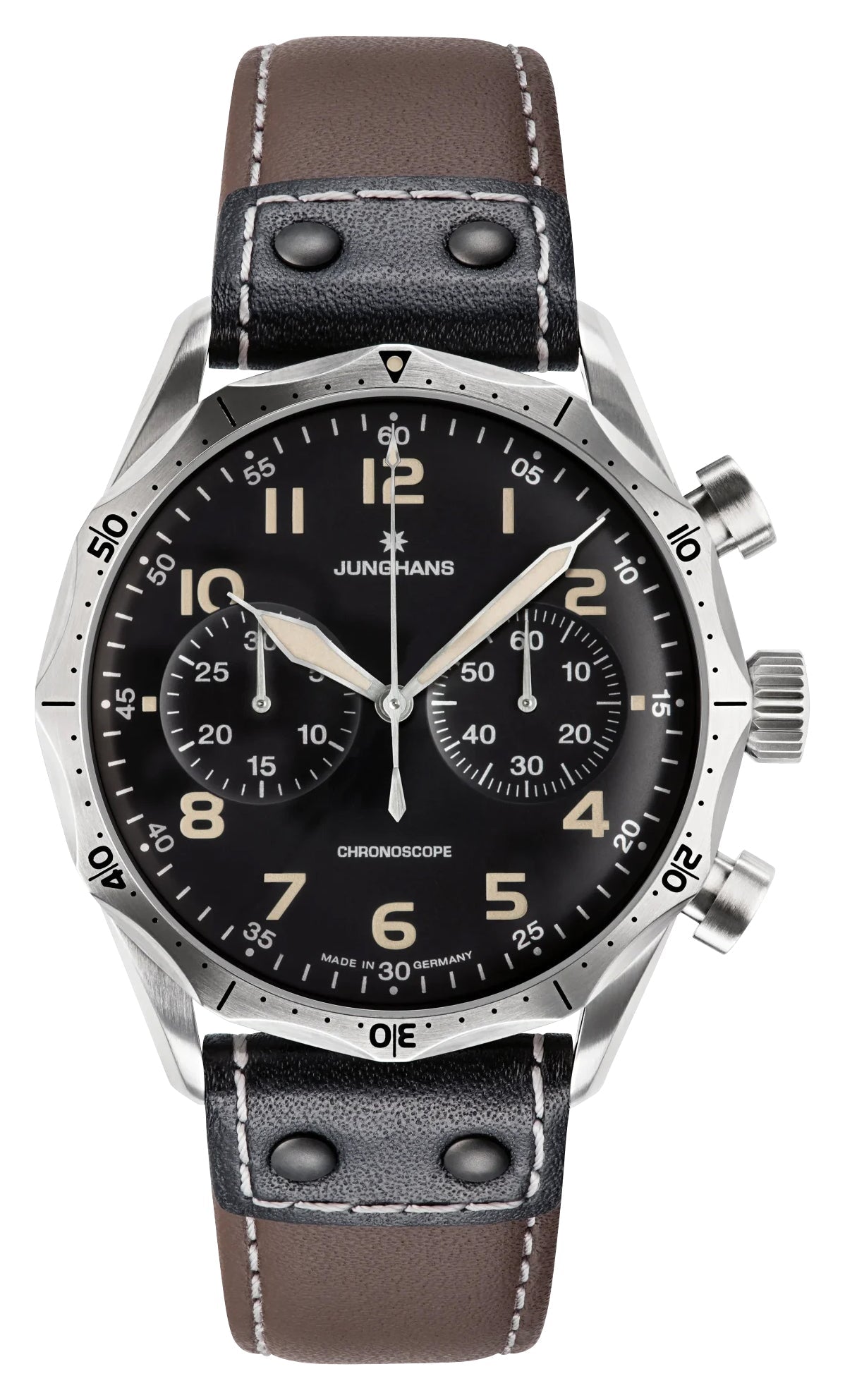 Junghans Pilot Chronoscope Automatic Chronograph Stainless Steel Black Dial Brown/Black Leather Strap Mens Watch 27/3591.00 - Watches & Beyond