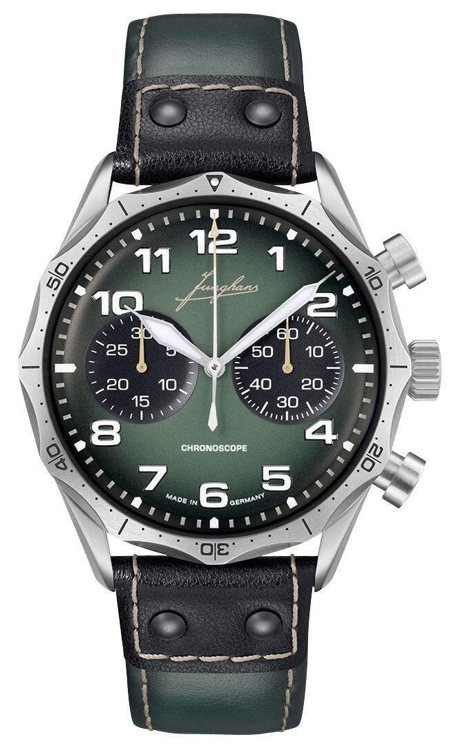 Junghans Pilot Chronoscope Automatic Chronograph Stainless Steel Green Dial Green/Black Leather Strap Mens Watch 27/3492.00 - Watches & Beyond