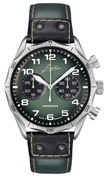 Junghans Pilot Chronoscope Automatic Chronograph Stainless Steel Green Dial Green/Black Leather Strap Mens Watch 27/3492.00 - Watches & Beyond