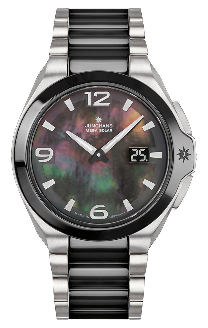 Junghans Spektrum Damen MEGA Solar Stainless Steel & Ceramic Black Mother-Of-Pearl Dial Date Quartz Womens Watch 15/1500.44 - Watches & Beyond