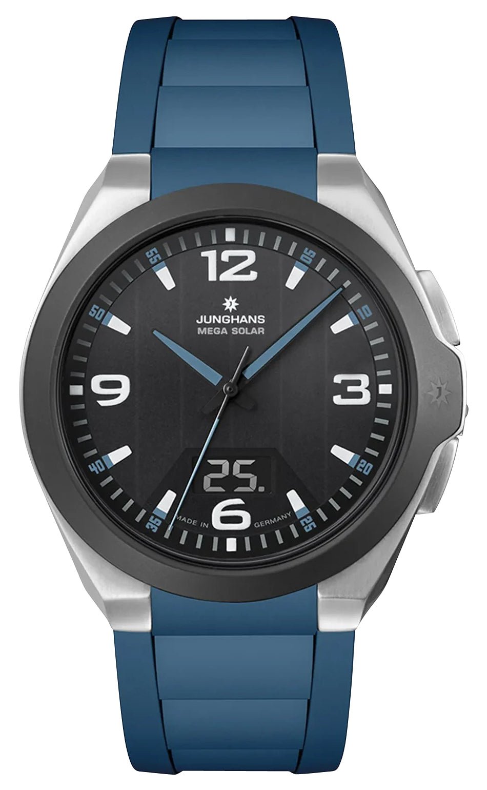 Junghans Spektrum MEGA Solar Stainless Steel & Ceramic Black Dial Blue Rubber Strap Date Quartz Mens Watch 18/1527.00 - Watches & Beyond