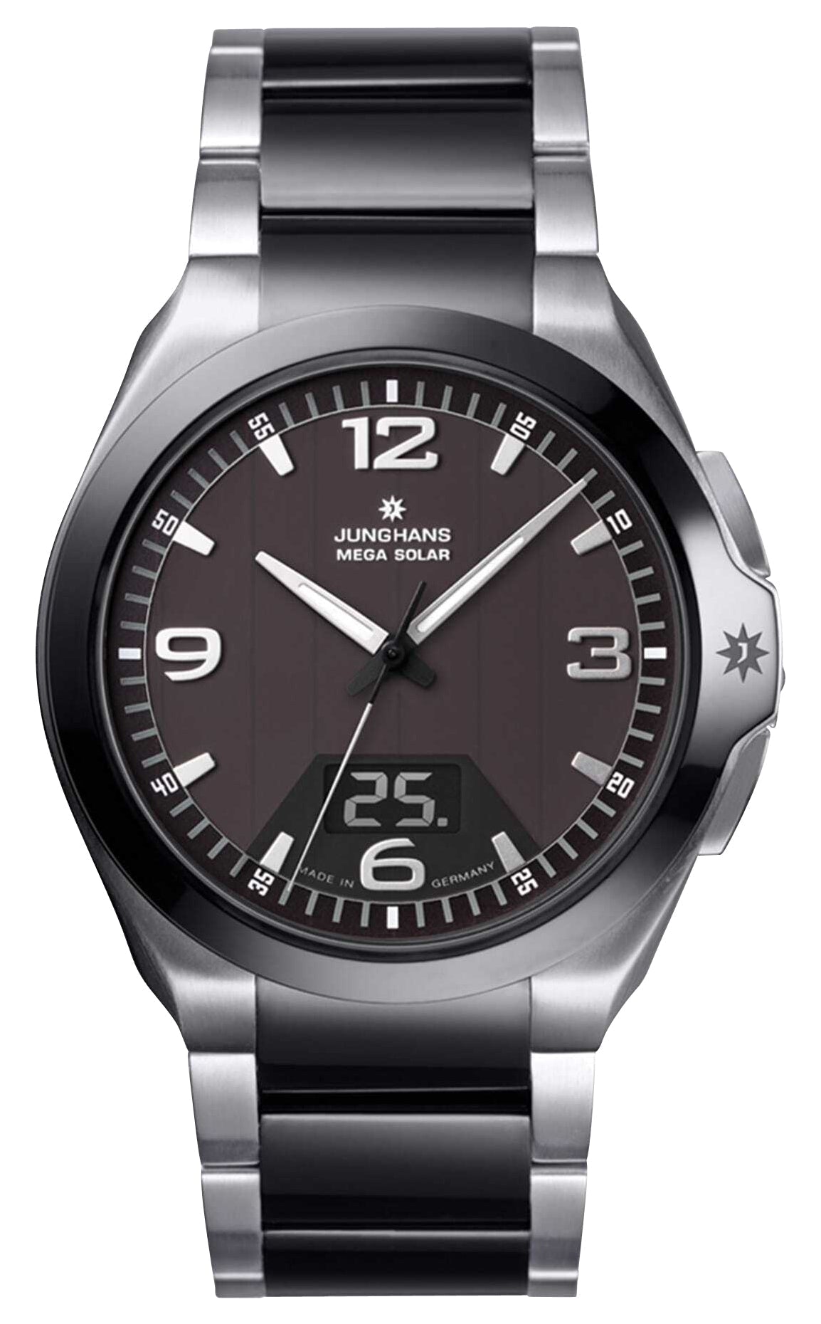 Junghans Spektrum MEGA Solar Stainless Steel & Ceramic Black Dial Date Quartz Mens Watch 18/1120.44 - Watches & Beyond