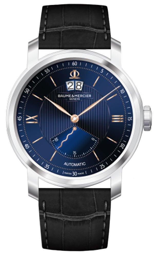 Limited Edition Baume & Mercier Classima Automatic Stainless Steel Blue Dial Black Leather Strap Retrograde Seconds Date Mens Watch M0A10188 - WAB - Shipping Dept.