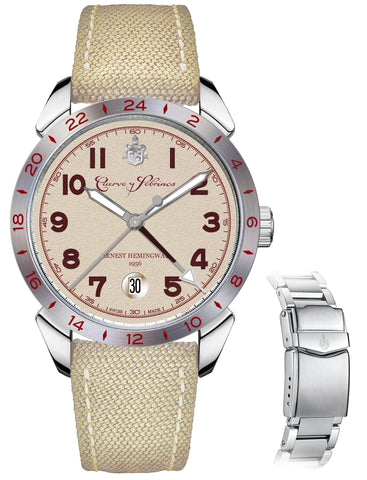 Limited Edition Cuervo y Sobrinos Historiador Hemingway GMT Automatic Stainless Steel Beige Dial Beige Textile Interchangeable Steel Bracelet Date Mens Watch 3192.1GMT - Watches & Beyond