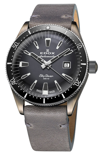 Limited Edition Edox Skydiver "Aged Steel" Automatic Stainless Steel Gray Dial Gray Leather Interchangeable Brown Leather Strap Date Divers Mens Watch 80126 - 3VIN - GDN - Watches & Beyond