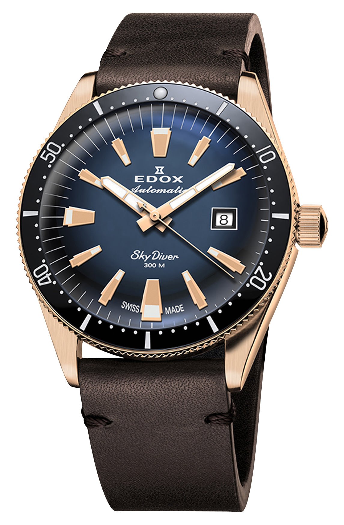 Limited Edition Edox Skydiver Automatic Bronze Blue Dial Brown Leather Interchangeable Black Leather Strap Date Divers Mens Watch 80126 - BRN - BUIDR - Watches & Beyond