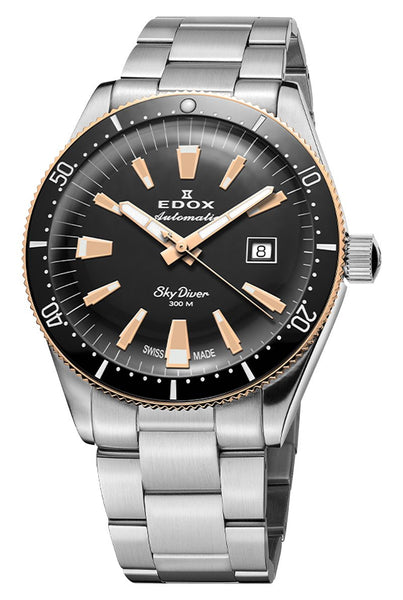 Limited Edition Edox Skydiver Automatic Stainless Steel Black Dial Interchangeable Brown Leather Strap Date Divers Mens Watch 80126 - 357RNM - NIRB - Watches & Beyond