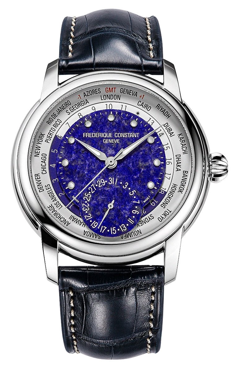 Limited Edition Frederique Constant Classic Worldtimer Manufacture Automatic Stainless Steel Blue Dial Blue Leather Strap Date Mens Watch FC-718LA4H6 - Watches & Beyond