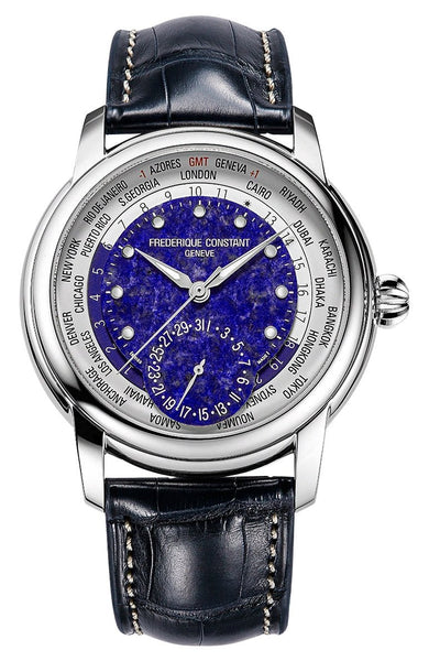 Limited Edition Frederique Constant Classic Worldtimer Manufacture Automatic Stainless Steel Blue Dial Blue Leather Strap Date Mens Watch FC-718LA4H6 - Watches & Beyond