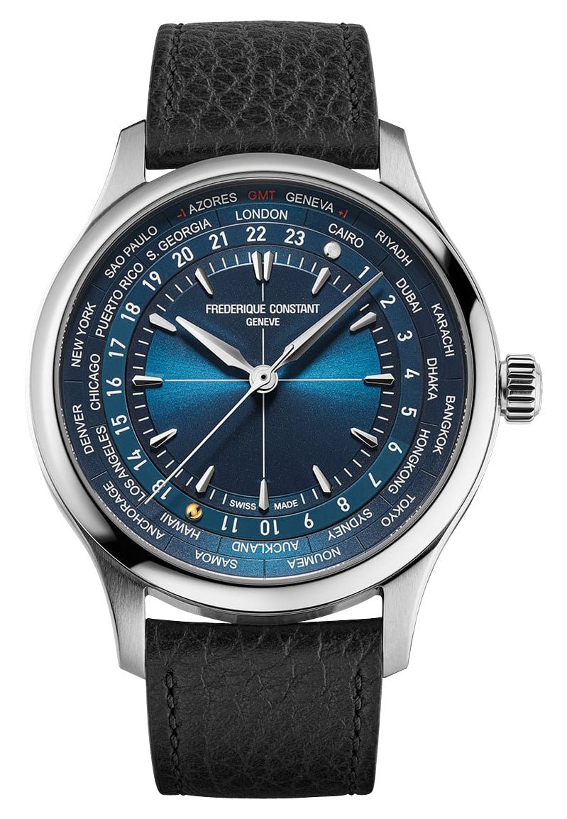 Limited Edition Frederique Constant Classic Worldtimer Manufacture x Watch Angels Automatic Stainless Steel Blue Dial Black Leather Strap Mens Watch FC-718N4H6 - Watches & Beyond