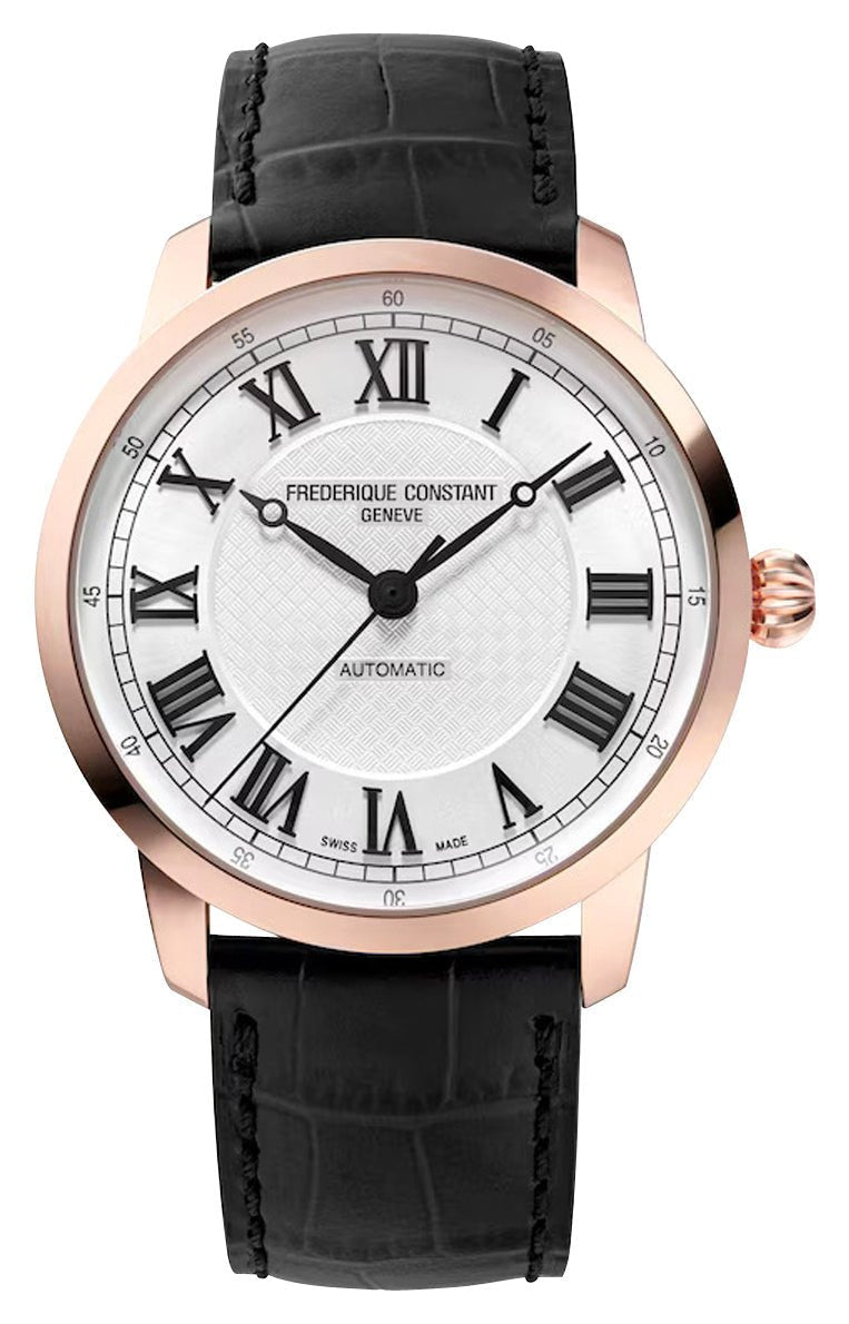 Limited Edition Frederique Constant Classics Premiere Automatic Rose Gold Plated Steel Silver Dial Black Leather Strap Mens Watch FC - 301SWR3B4 - Watches & Beyond