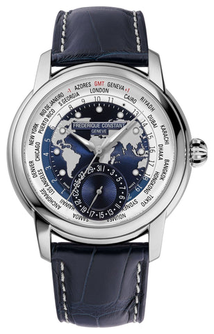 Limited Edition Frederique Constant Classics Worldtimer Manufacture GMT Automatic Stainless Steel Blue Dial Blue Leather Strap Date Mens Watch FC - 718NWWM4H6 - WAB - Shipping Dept.