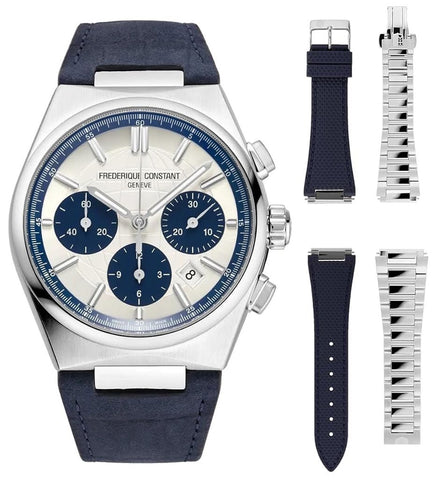 Limited Edition Frederique Constant Highlife Automatic Chronograph Silver Dial Blue Leather Strap Interchangeable Blue Rubber/Steel Bracelet Date Mens Watch FC - 391WN4NH6 - Watches & Beyond