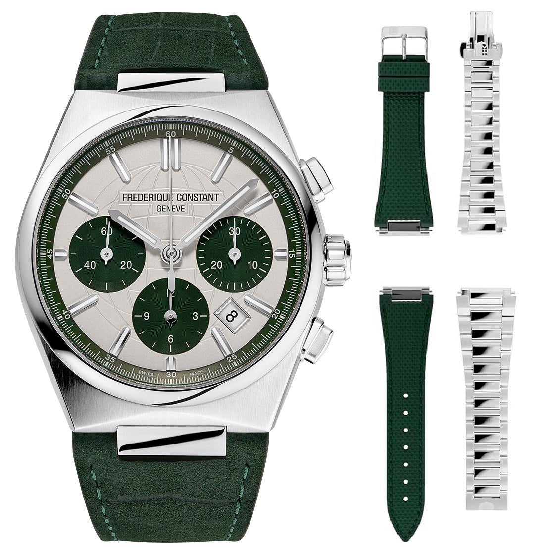 Limited Edition Frederique Constant Highlife Automatic Chronograph Stainless Steel Silver Dial Green Leather Strap Interchangeable Green Rubber/Steel Bracelet Date Mens Watch FC - 391SGR4NH6 - Watches & Beyond