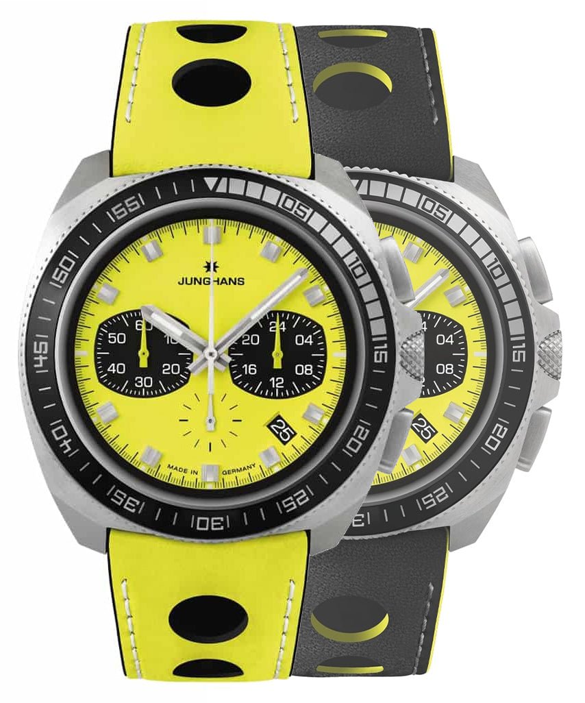 Limited Edition Junghans 1972 Chronoscope FIS Lemon Chronograph Stainless Steel Yellow Dial Yellow Leather Strap Interchangeable Black Leather Strap Date Quartz Mens Watch 41/4369.00 - WAB - Shipping Dept.