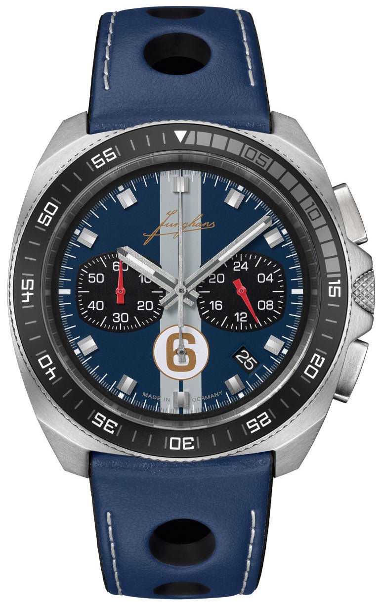 Limited Edition Junghans 1972 Chronoscope Sports Edition 2025 Chronograph Stainless Steel Blue Dial Blue Leather Strap Date Quartz Mens Watch 41/4577.00 - Watches & Beyond