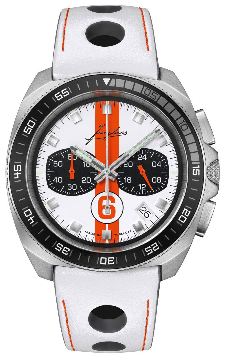 Limited Edition Junghans 1972 Chronoscope Sports Edition 2025 Chronograph Stainless Steel White Dial White Leather Strap Date Quartz Mens Watch 41/4579.00 - Watches & Beyond