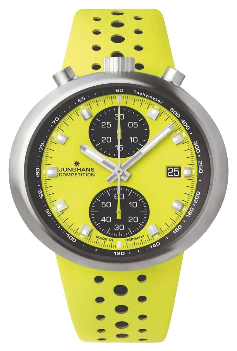 Limited Edition Junghans 1972 Competition FIS Lemon Automatic Chronograph Stainless Steel Yellow Dial Yellow Leather Strap Date Mens Watch 27/4305.00 - WAB - Shipping Dept.