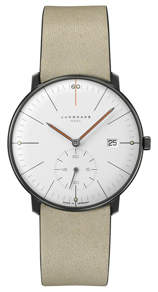 Limited Edition Junghans Max Bill MEGA Kleine Sekunde Edition 60 Gray PVD White Dial Gray Leather Strap Date Quartz Mens Watch 58/4100.02 - Watches & Beyond