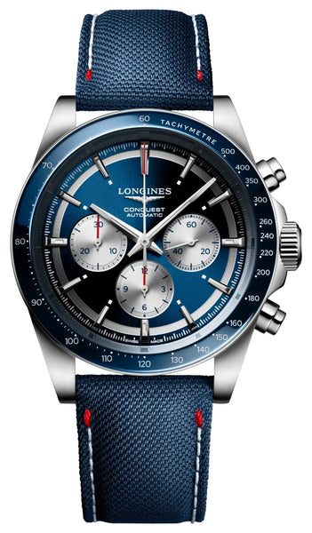 Limited Edition Longines Conquest Marco Odermatt Automatic Chronograph Blue Dial Fabric Strap Interchangeable Blue NATO Strap Mens Watch L3.835.4.91.2 - Watches & Beyond