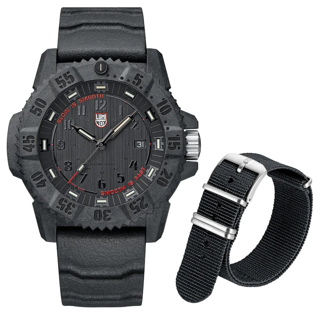 Limited Edition Luminox Master Carbon SEAL CARBONOX+ Black Dial Black Rubber Interchangeable Black NATO Strap Date Divers Quartz Mens Watch XS.3801.SIS.SET - WAB - Shipping Dept.