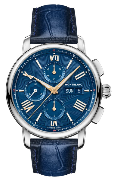 Limited Edition Montblanc Star Legacy Automatic Chronograph Stainless Steel Blue Dial Blue Leather Strap Day/Date Mens Watch 130973 - Watches & Beyond