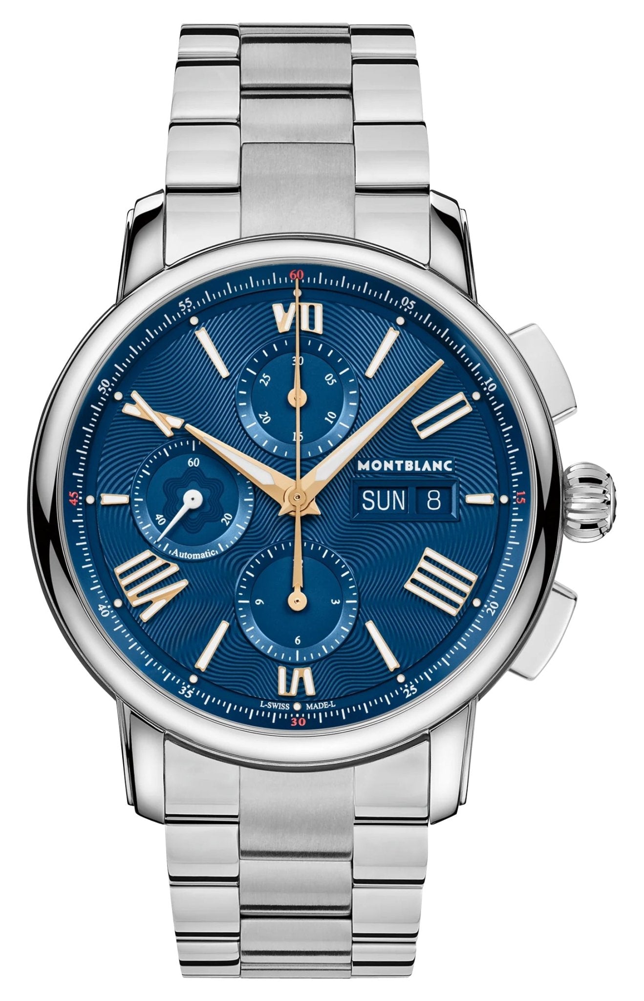 Limited Edition Montblanc Star Legacy Automatic Chronograph Stainless Steel Blue Dial Day/Date Mens Watch 130972 - Watches & Beyond