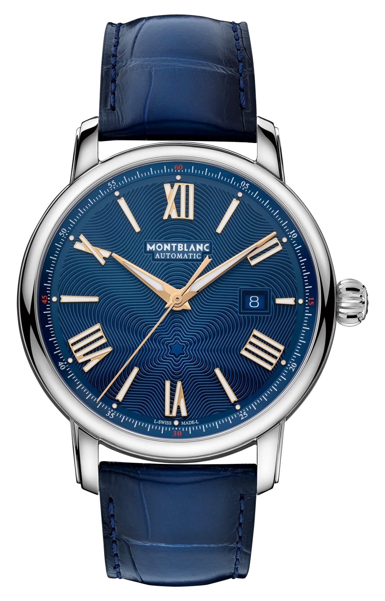 Limited Edition Montblanc Star Legacy Automatic Stainless Steel Blue Dial Blue Leather Strap Date Mens Watch 130956 - Watches & Beyond