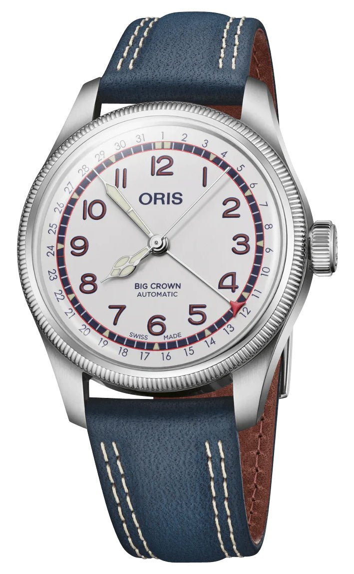 Limited Edition Oris Big Crown Pointer Date Hank Aaron Automatic White Dial Blue Leather Interchangeable Textile Strap Mens Watch 754 7785 4081 - Set - Watches & Beyond