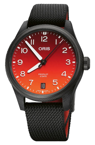 Limited Edition Oris ProPilot Coulson Automatic Carbon Fiber/Titanium Red Dial Black Textile Strap Date Mens Watch 400 7784 8786 - Set - WAB - Shipping Dept.