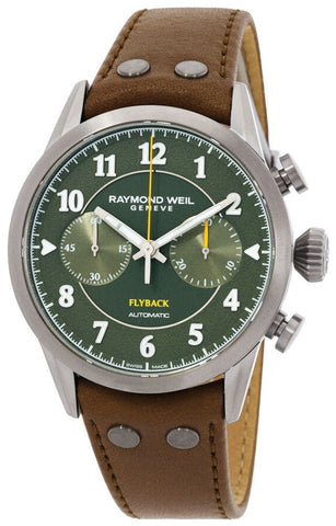 Limited Edition Raymond Weil Freelancer Automatic Pilot Flyback Chronograph Gray PVD Green Dial Brown Leather Strap Mens Watch 7783 - TIC - 05520 - Watches & Beyond