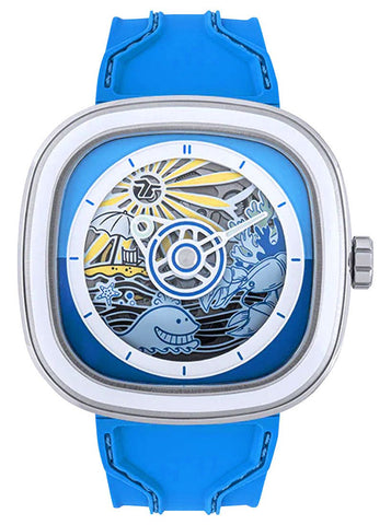 Limited Edition SEVENFRIDAY T - Series Beach Club Automatic Stainless Steel Blue Skeleton Dial Blue Silicone Strap Mens Watch T1/09 - WAB - Shipping Dept.