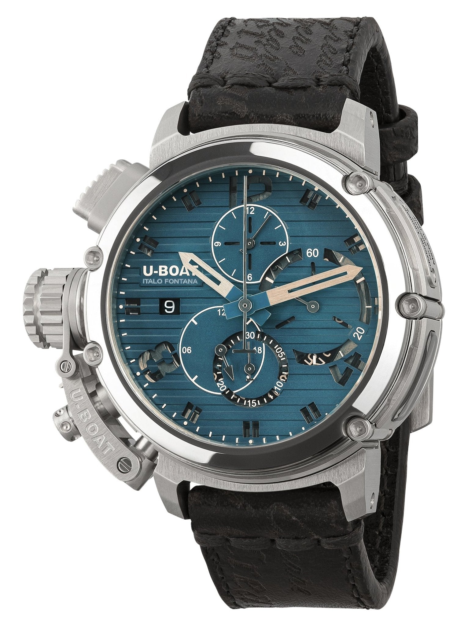 Limited Edition U-Boat Chimera Automatic Chronograph Stainless Steel Blue Dial Black Leather Strap Date Mens Watch 9589 - Watches & Beyond