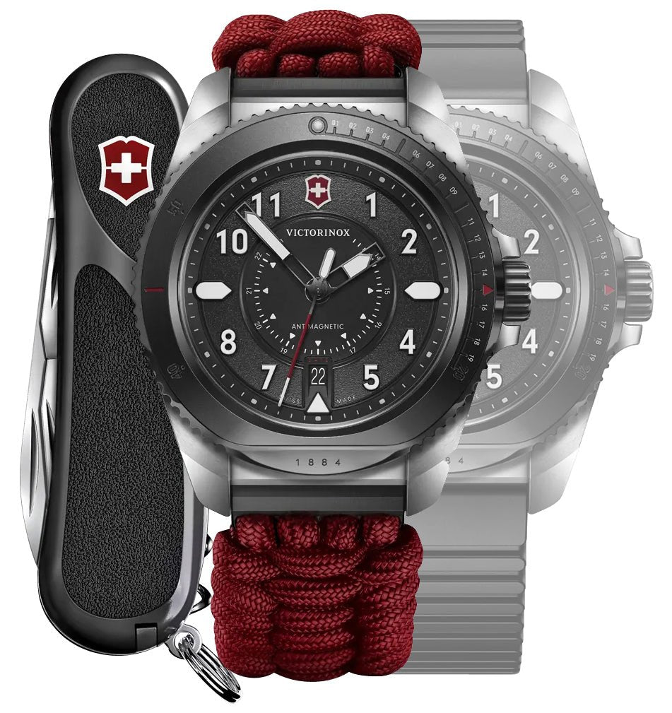 Limited Edition Victorinox Swiss Army Journey 1884 Stainless Steel Black Dial Red Nylon Interchangeable Black Rubber Strap Date Divers Quartz Mens Watch 242016.1 - Watches & Beyond