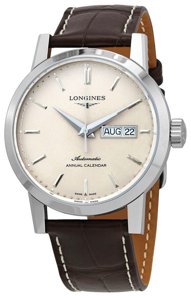 Longines 1832 Annual Calendar Automatic Stainless Steel Beige Dial Brown Leather Strap Date/Month Mens Watch L4.827.4.92.2 - Watches & Beyond