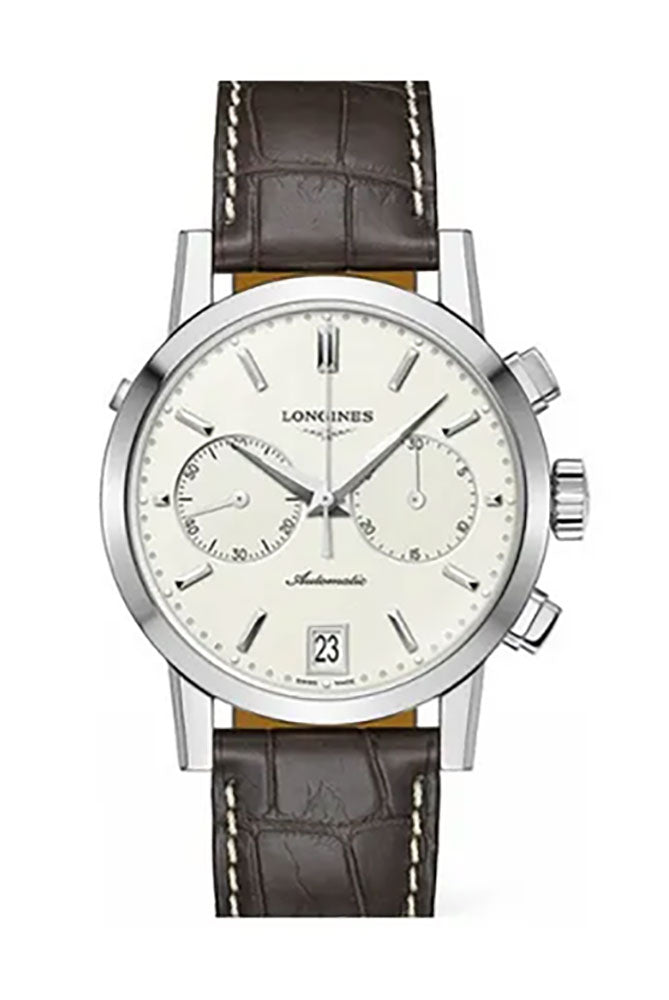 Longines 1832 Automatic Chronograph Stainless Steel Beige Dial Brown Leather Strap Date Mens Watch L4.829.4.92.1 - WAB - Shipping Dept.