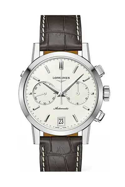 Longines 1832 Automatic Chronograph Stainless Steel Beige Dial Brown Leather Strap Date Mens Watch L4.829.4.92.1 - Watches & Beyond