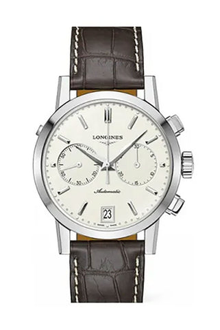 Longines 1832 Automatic Chronograph Stainless Steel Beige Dial Brown Leather Strap Date Mens Watch L4.829.4.92.1 - Watches & Beyond