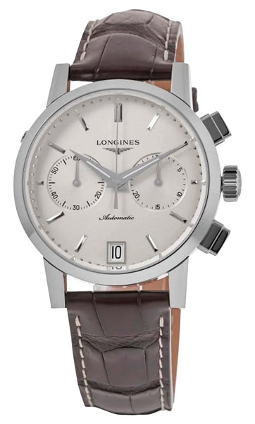 Longines 1832 Automatic Chronograph Stainless Steel Beige Dial Brown Leather Strap Date Mens Watch L4.829.4.92.2 - Watches & Beyond
