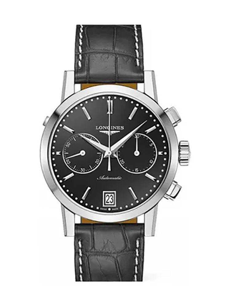 Longines 1832 Automatic Chronograph Stainless Steel Black Dial Date Black Leather Strap Mens Watch L4.829.4.52.1 - Watches & Beyond