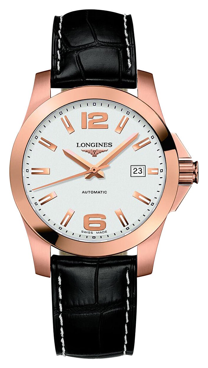 Longines Conquest Automatic 18K Rose Gold Silver Dial Black Leather Strap Date Mens Watch L3.676.8.76.3 - Watches & Beyond