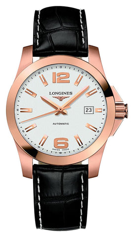 Longines Conquest Automatic 18K Rose Gold Silver Dial Black Leather Strap Date Mens Watch L3.676.8.76.3 - Watches & Beyond